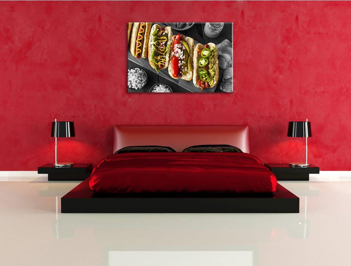 Delikate Hotdogs schwarz/weiss Format: 120x80 cm auf Leinwand, XXL riesige Bilder fertig gerahmt mit