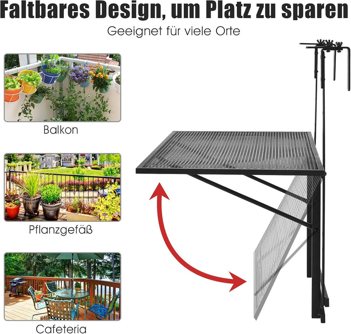 COSTWAY Balkontisch klappbar, Balkonhängetisch zum Einhängen, 5-Fach höhenverstellbar, Klapptisch au