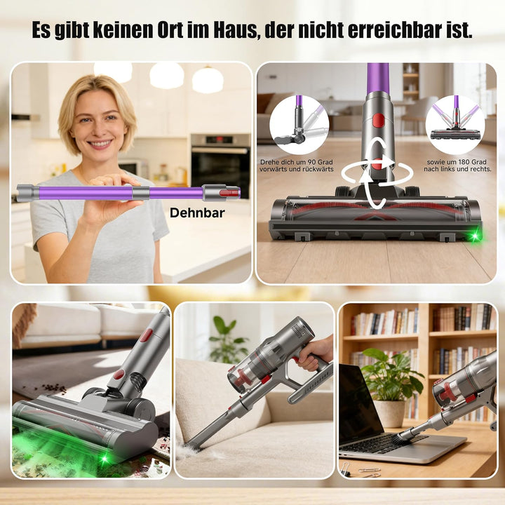 Hearten Akku Staubsauger,70000Pa/550W/70Min, Super Leise Staubsauger mit LED Display, V-Anti-Tangle-