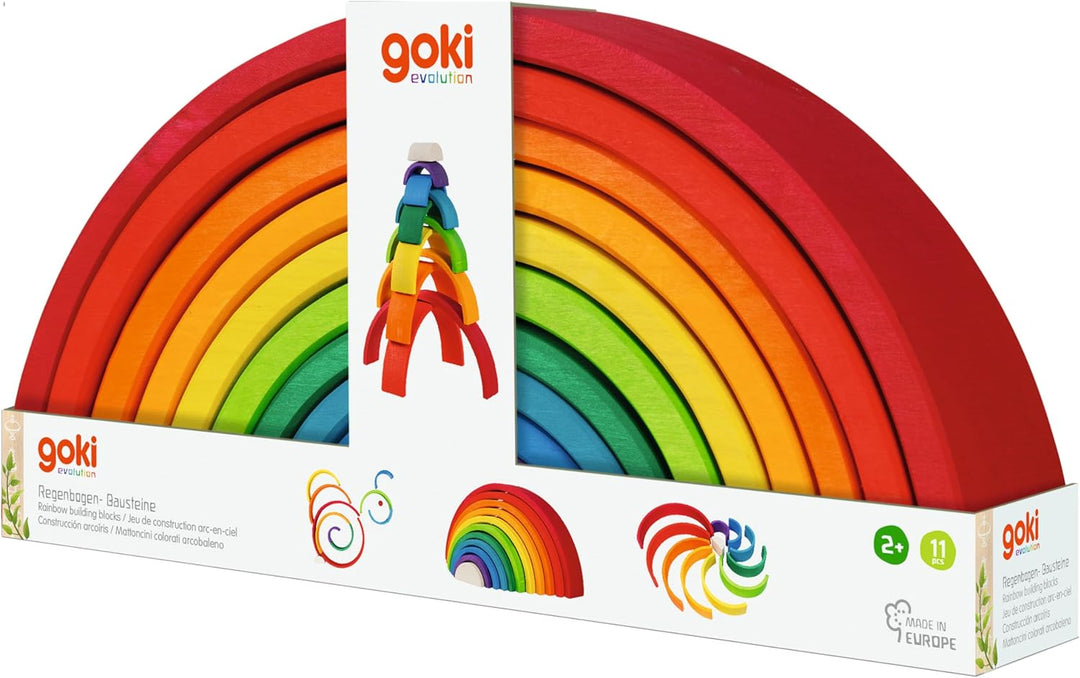 goki 58478 - Bausteine Regenbogen aus Ahornholz - goki Evolution - 11 Teile - Bunte Farben auf Wasse