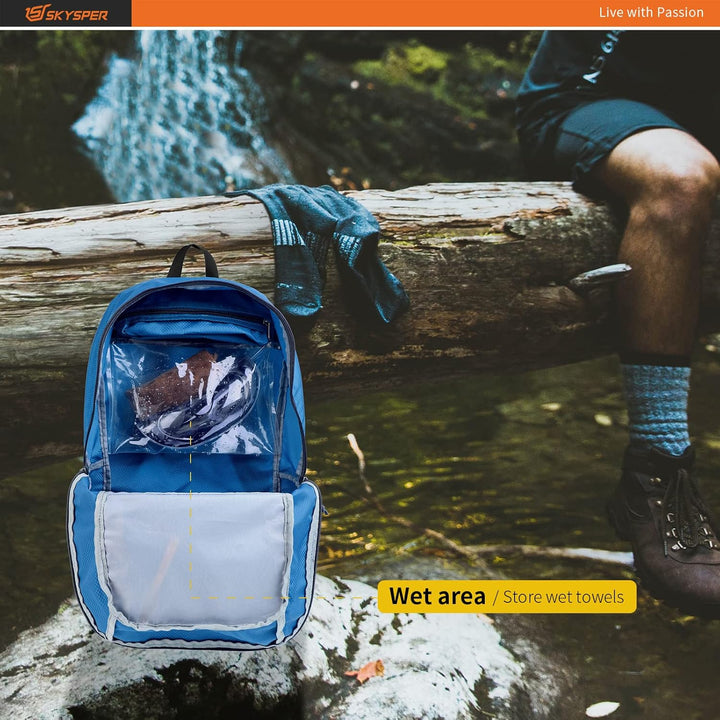 SKYSPER Faltbarer Rucksack Ultraleicht mit Nassfach Verstaubar Daypack Wasserfest Reiserucksack Tage