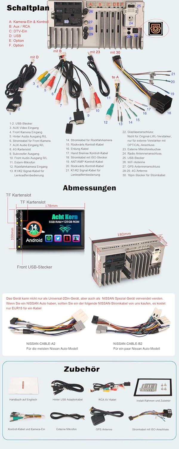Erisin 6GB+128GB 8-Kern Android 14 Doppel Din Universal GPS mit Navi Autoradio Bluetooth, 2 Din Radi