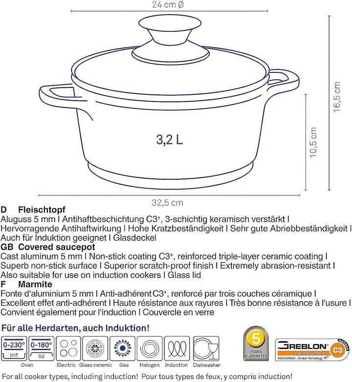 Kela Fleischtopf Kerros 24cm aus Aluguss, Schwarz, 24 cm