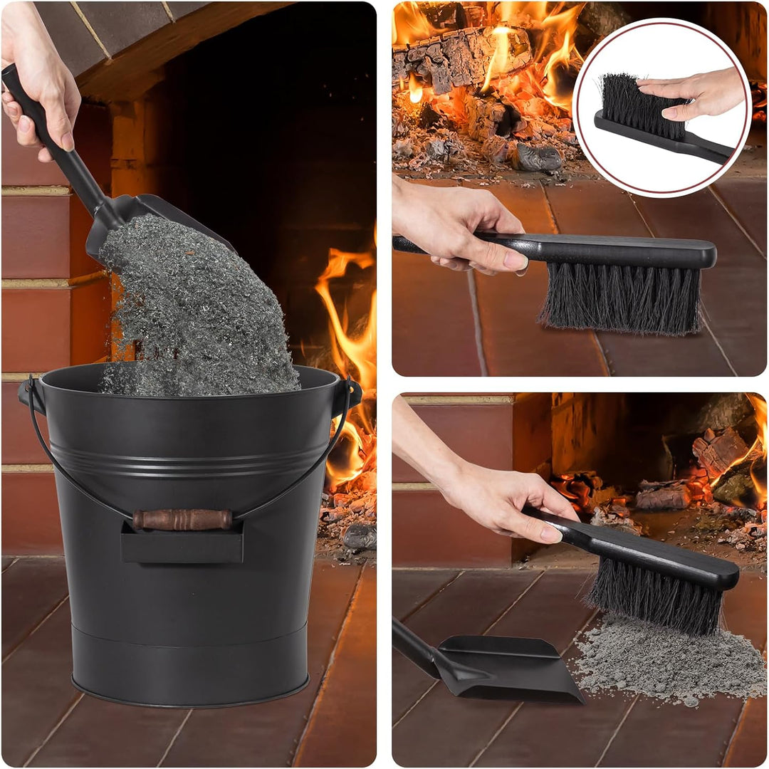 Todeco Ascheeimer Metall 19 L mit Deckel, Schaufel & Bürste, Hitzebeständiger, Holzgriff, Für Kamin,