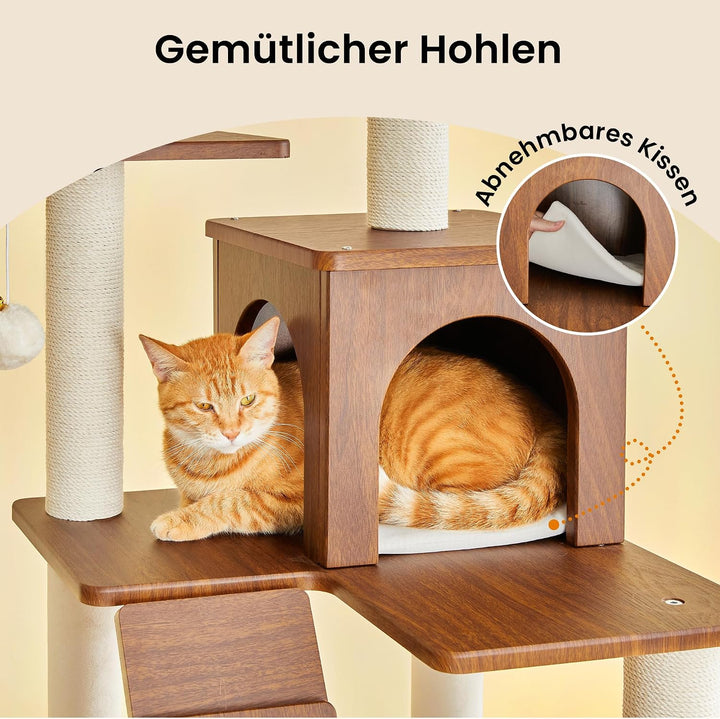 Kratzbaum, 163 cm hoch, moderner Katzenbaum, mehrstöckiges Katzenhaus mit Höhle, 7 Kratzsäulen, 2 Li