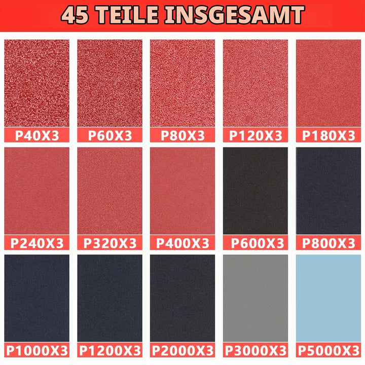 45 Stk Schleifpapier set mit Handschleifer , Sandpapier 93 x 230 mm, Körnung von 40 60 80 120 bis 20