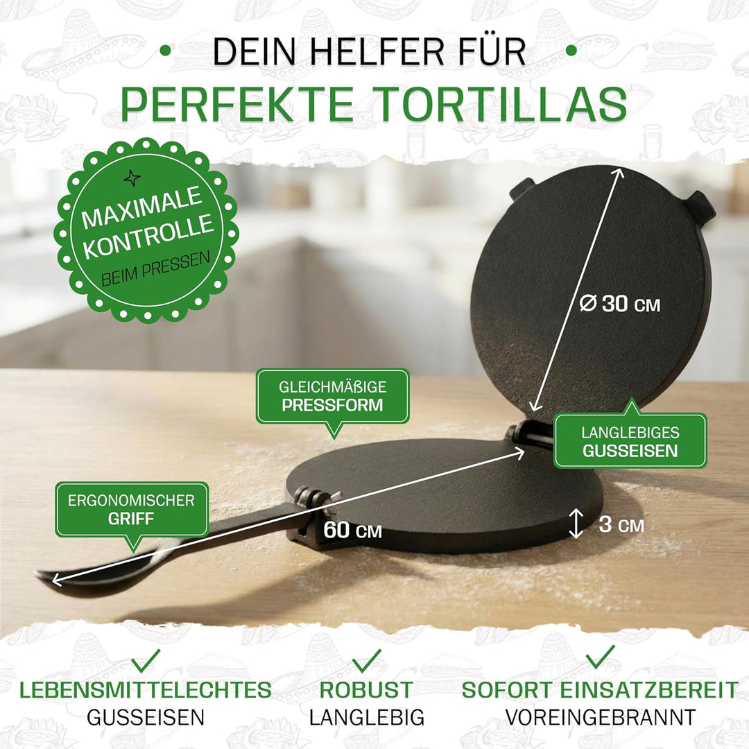 Tortillada - Premium Tortillapresse aus Gusseisen mit Rezepten (30 cm) 12 Inch