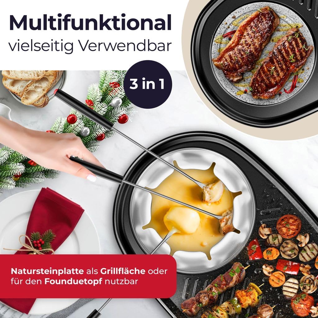 KESSER® 3in1 Raclette-Grill mit Naturgrillstein, Grillplatte und Fondue, Tischgrill für 8 Personen,