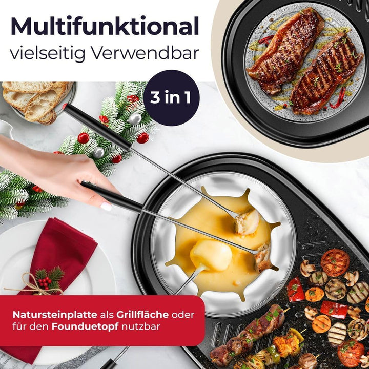 KESSER® 3in1 Raclette-Grill mit Naturgrillstein, Grillplatte und Fondue, Tischgrill für 8 Personen,