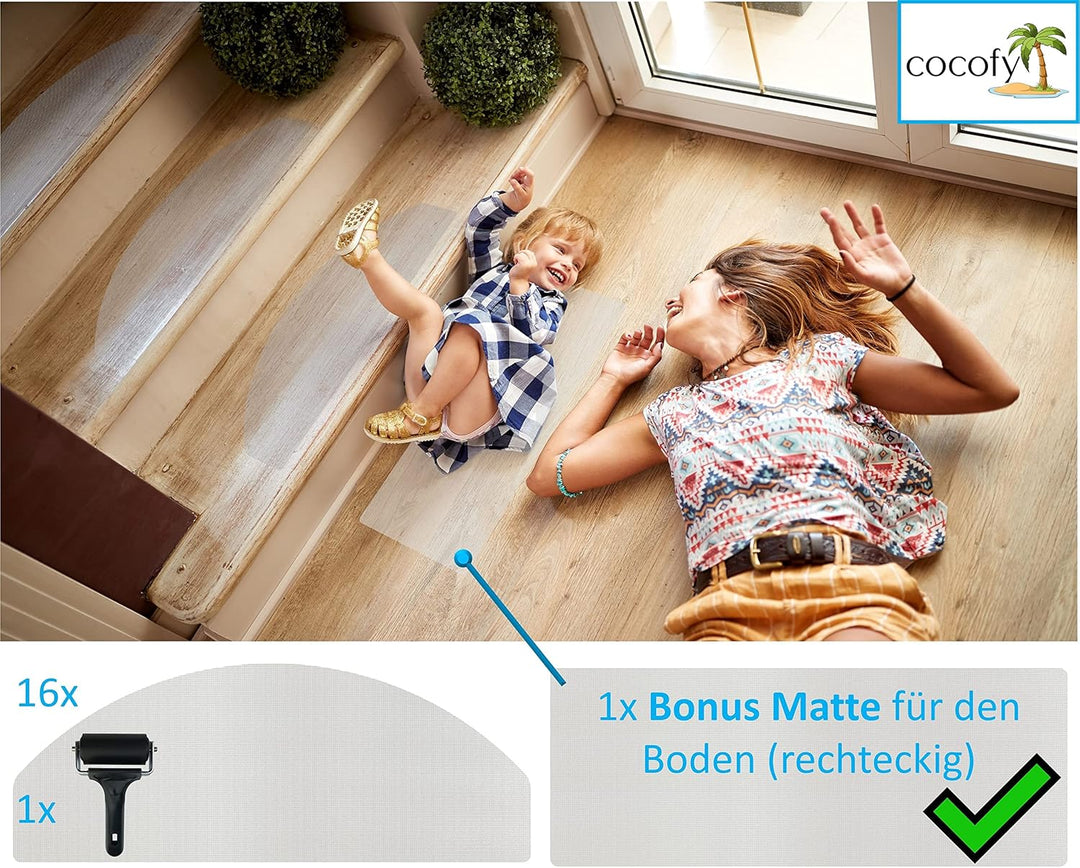 cocofy Stufenmatten innen transparent 16x XXL (65x25 cm), Treppen Rutschschutz antirutsch Treppenstu