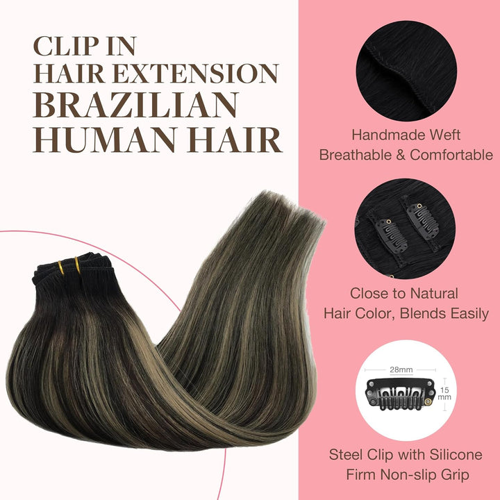 GOO GOO Clip in Extensions Echthaar, Echthaar Extensions Clip, 45cm 120g 7pcs, Clip In Haarverlänger