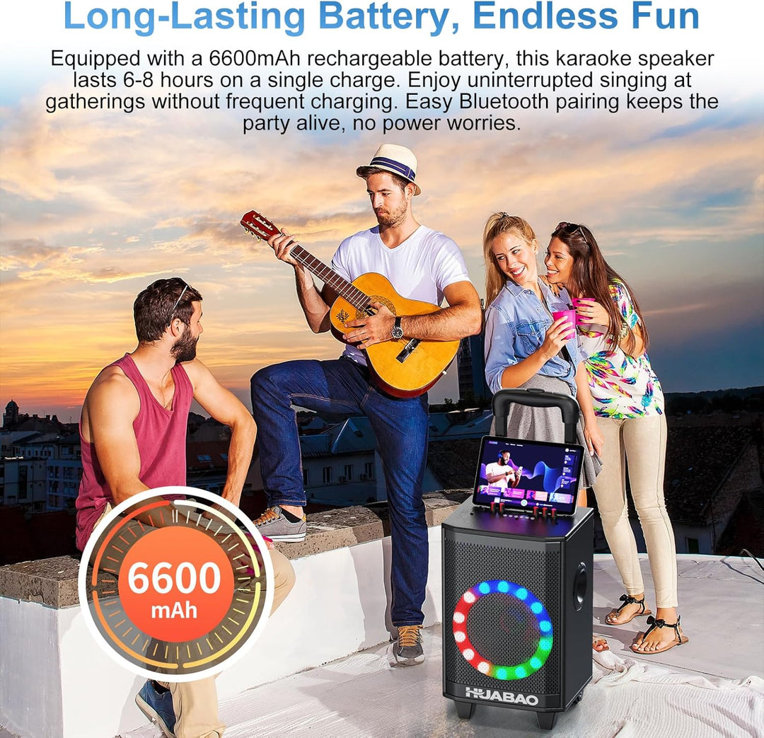 Tragbare Karaoke-Maschine mit 2 drahtlosen Mikrofonen, Bluetooth-Lautsprecher mit Beleuchtung und Tr