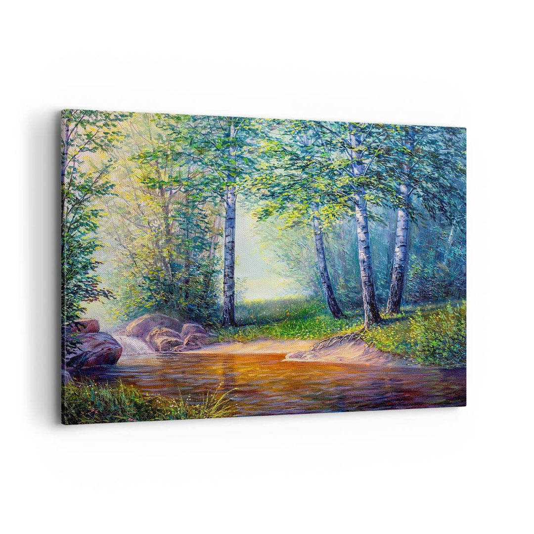 Bilder auf Leinwand 100x70cm Leinwandbild mit Rahmen Wiese Wasser Baum Gross Wanddeko Bild Schlafzim