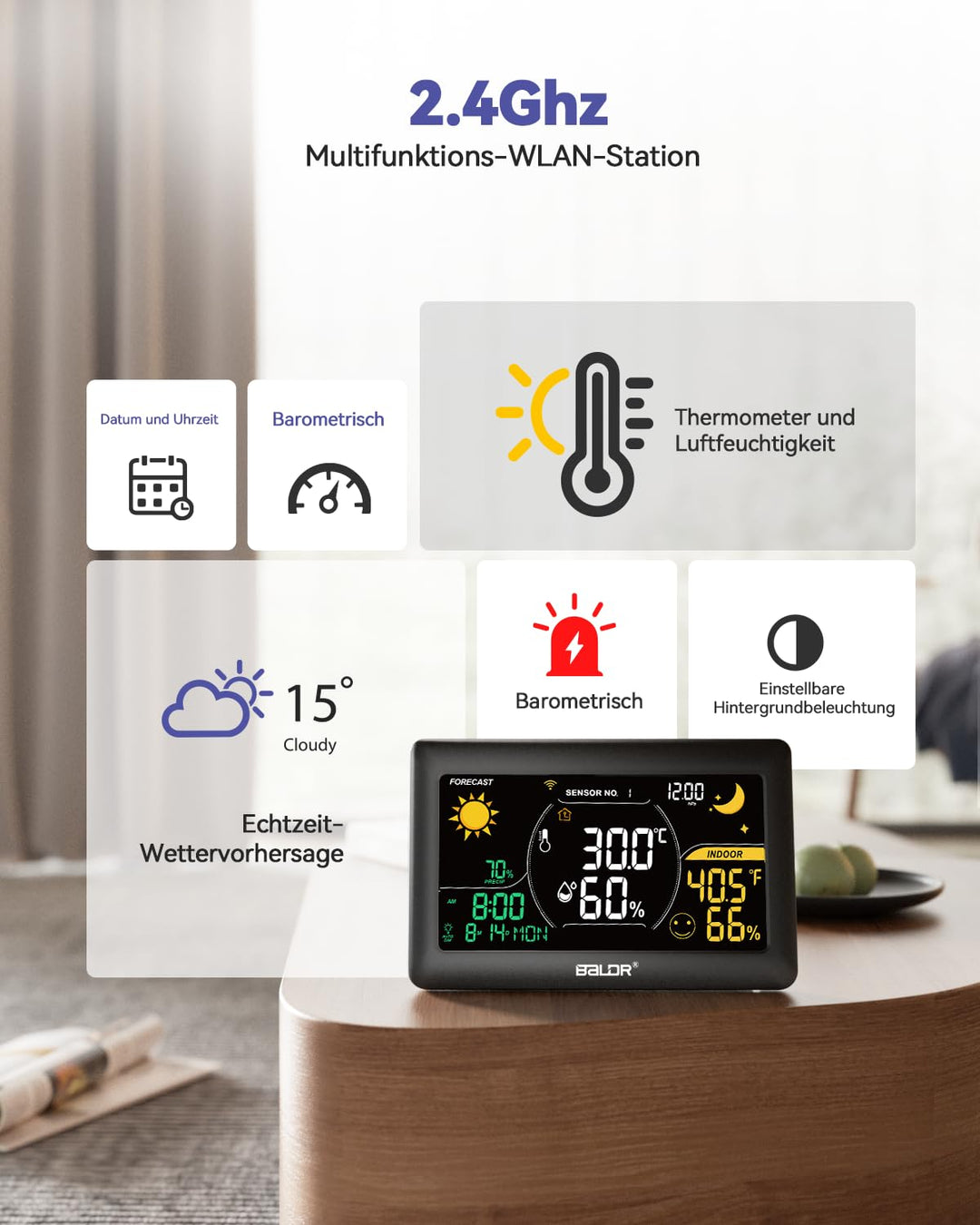 BALDR WLAN-Wetterstation mit App, 7,5-Zoll-Farbdisplay, 3 drahtlose Sensoren, kabellose Wetterstatio