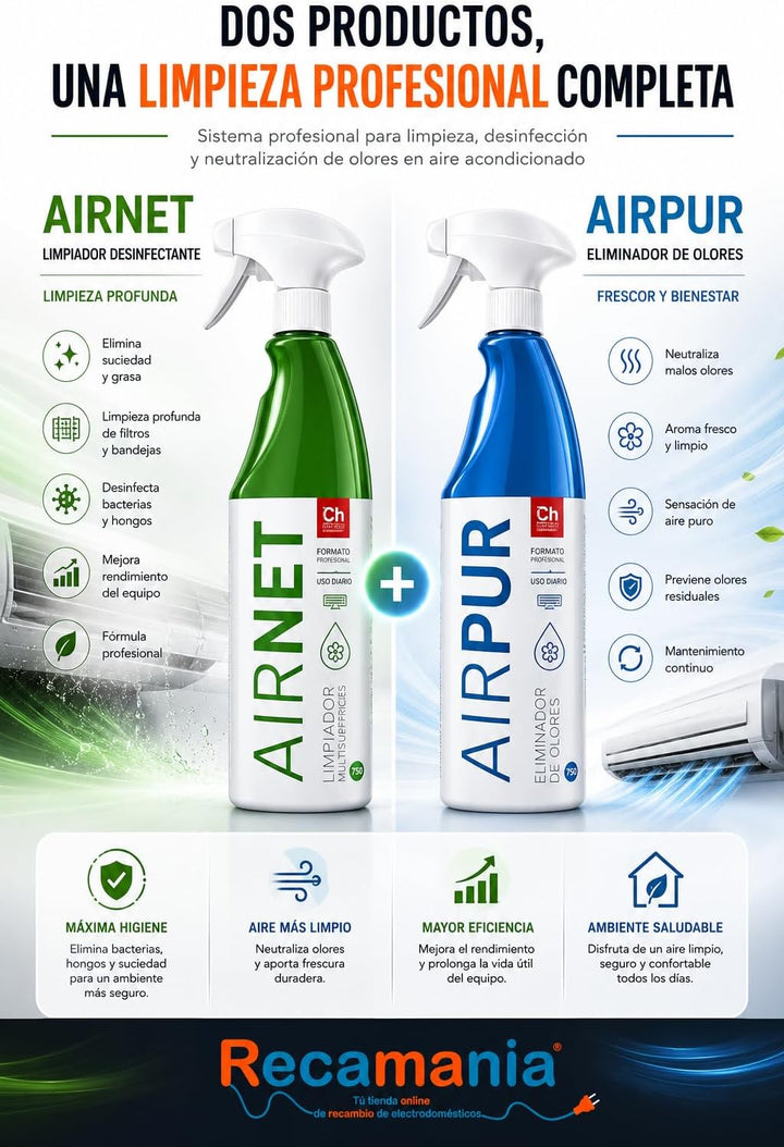 Recamania Airnet + Airpur Sprühreiniger, entfernt Gerüche, Klimaanlage, 750 ml