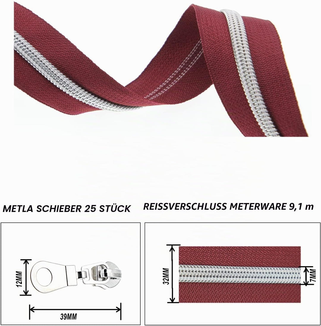 #5 Metallic Nylonspulen-Reissverschlüsse Meterware 10 Yards wein rotes Klebeband mit 25 Stück Silber