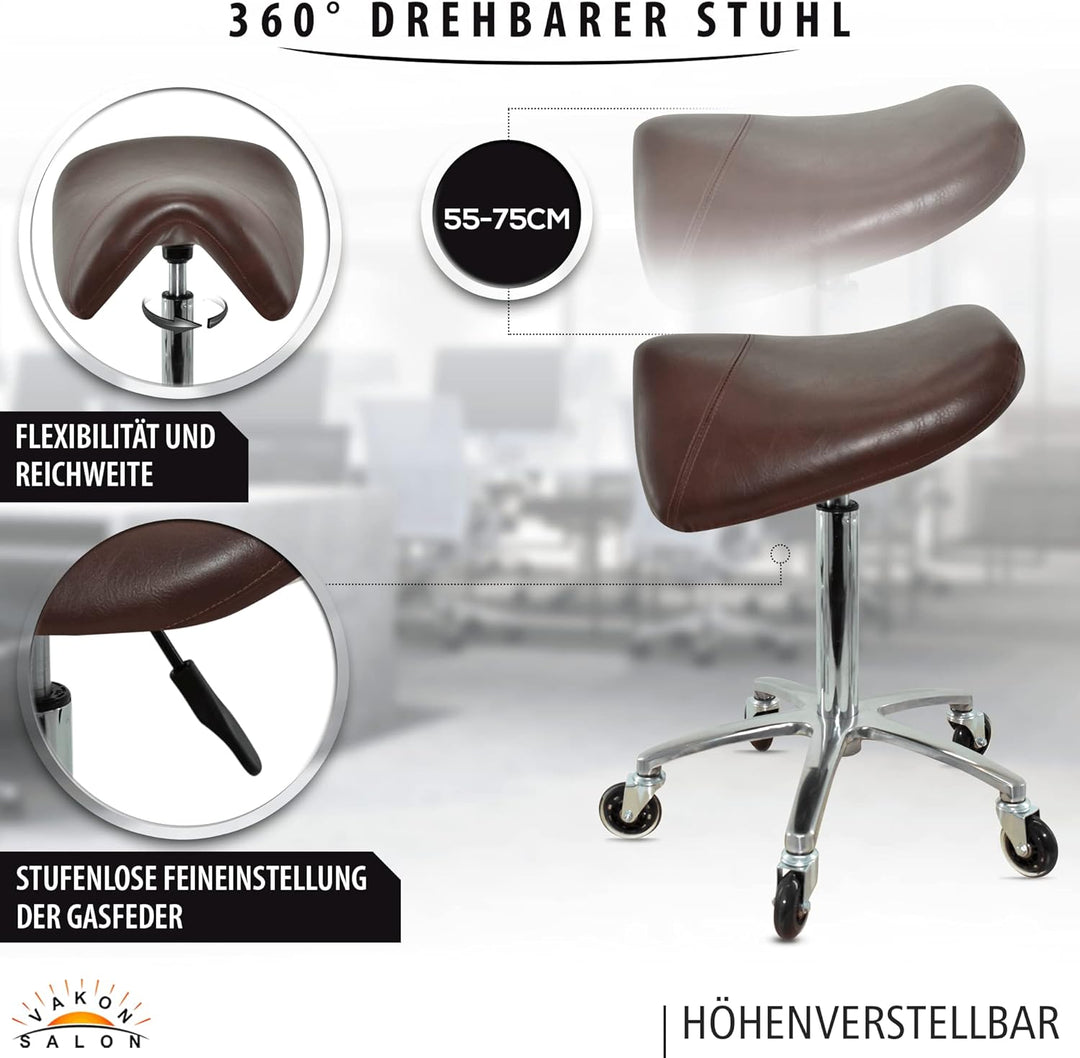 Premium Sattelhocker Braun, Sattelstuhl für Rückenentlastung, Rollhocker höhenverstellbar von 55-75