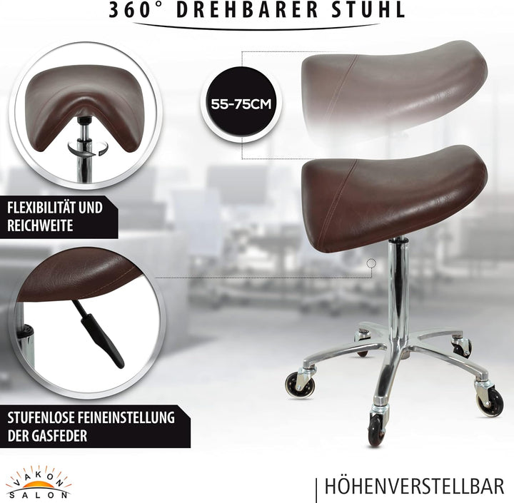 Premium Sattelhocker Braun, Sattelstuhl für Rückenentlastung, Rollhocker höhenverstellbar von 55-75
