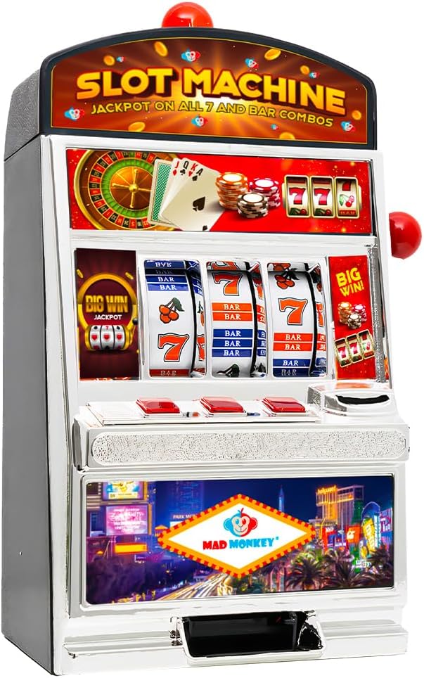 Mad Monkey Slot Machine Spardose XL, Spardose im Spielautomaten-Design mit Licht und Sound, Geldspie