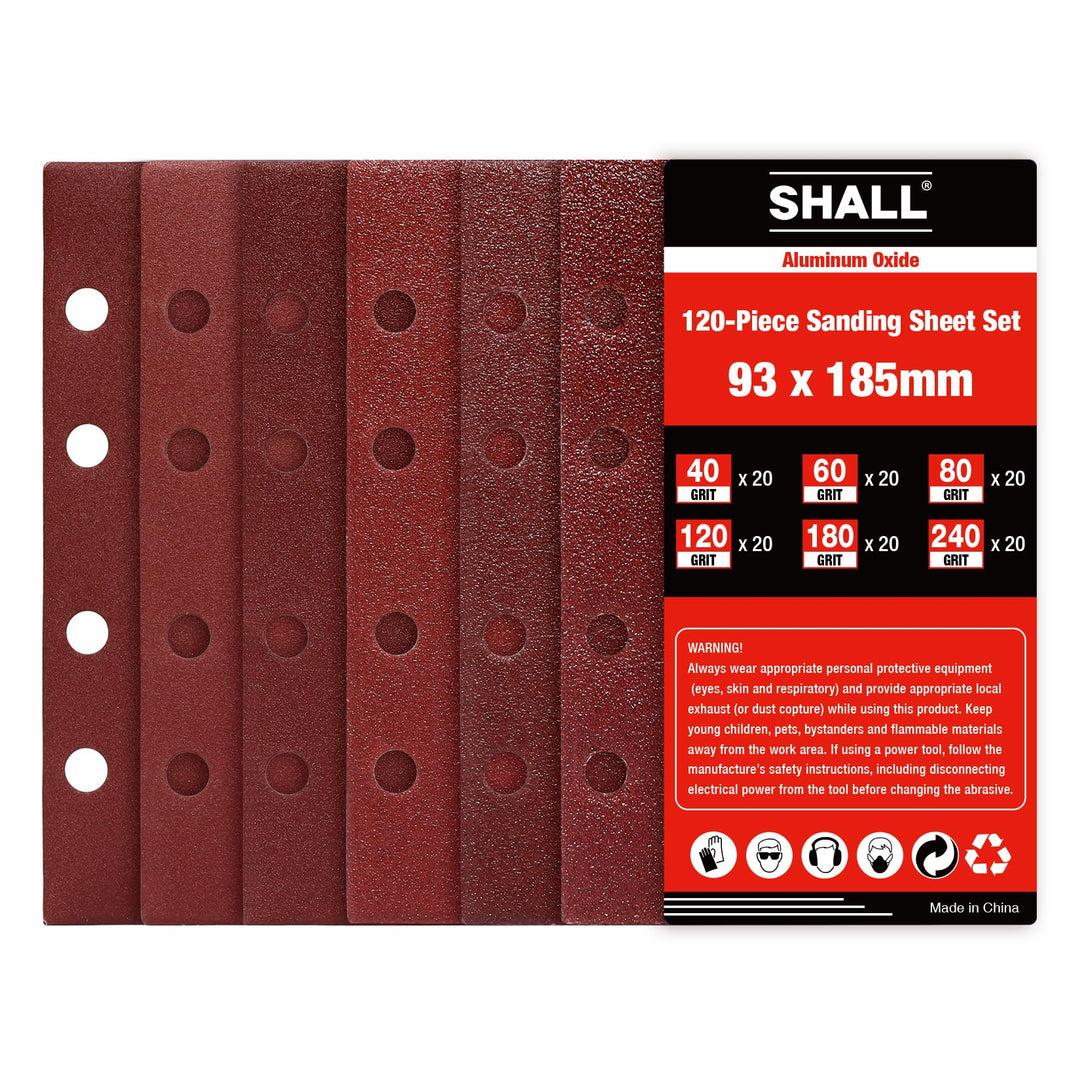 SHALL-120 Schleifblätter, rechteckig, 93 x 185 mm, Schleifpapier, 8 Löcher, Klett-Schleifpads, versc
