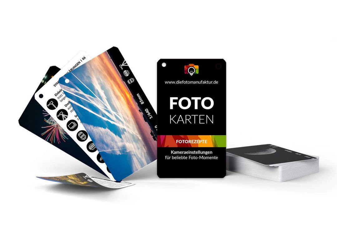 Fotokarten Fotorezepte | 20 Fotografie-Spickzettel mit Kameraeinstellungen & Tipps | CheatCards für