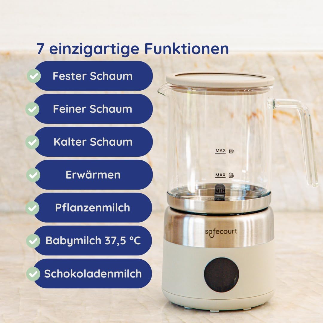 Safecourt Elektrischer Milchaufschäumer – herausnehmbarer Glasbehälter [500ML & 100% mikroplastikfre