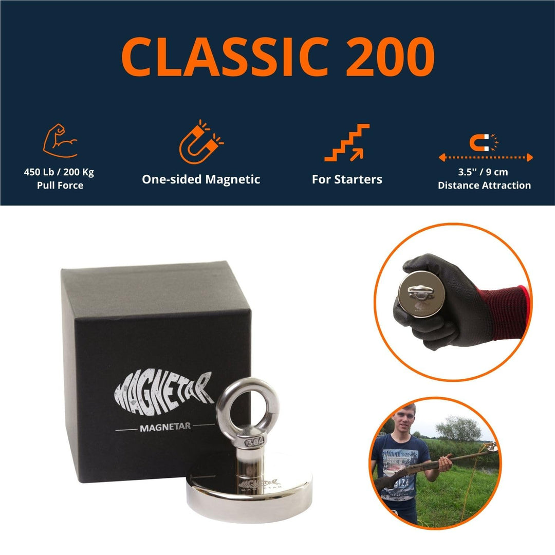 Magnetar - Magnetfischen Set - Einseitig 200kg Bergemagnet - Magnetangel Paket mit Topfmagnet/Seil/H