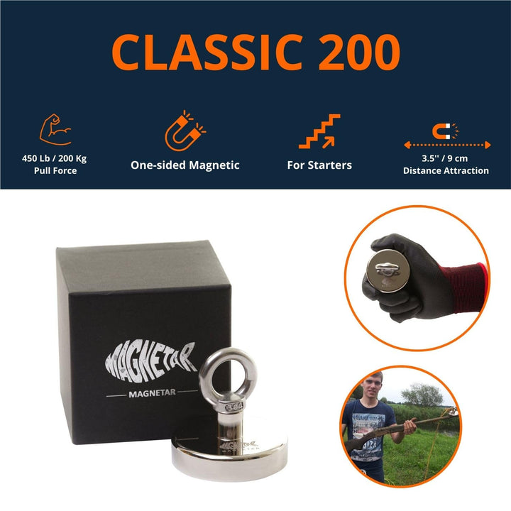Magnetar - Magnetfischen Set - Einseitig 200kg Bergemagnet - Magnetangel Paket mit Topfmagnet/Seil/H