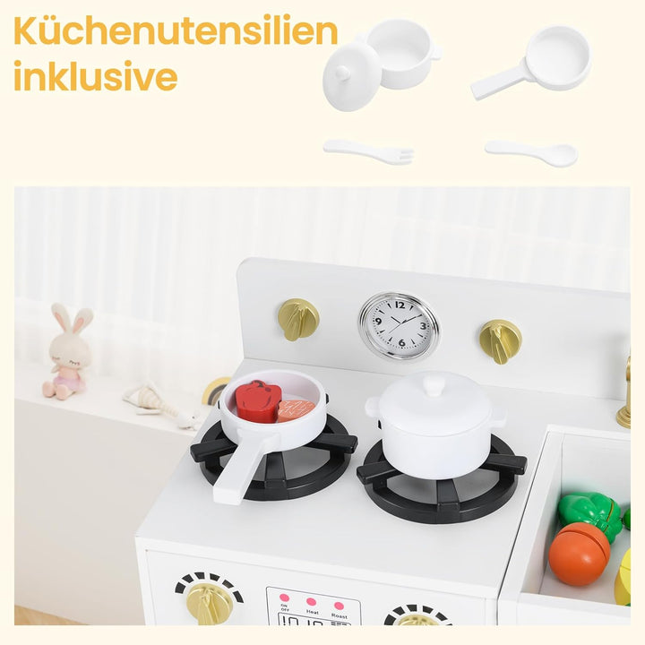 COSTWAY Kinderküche mit Kühlschrank, Spielküche Holz mit Herd & Spüle & Spülmaschine, Spielzeugküche