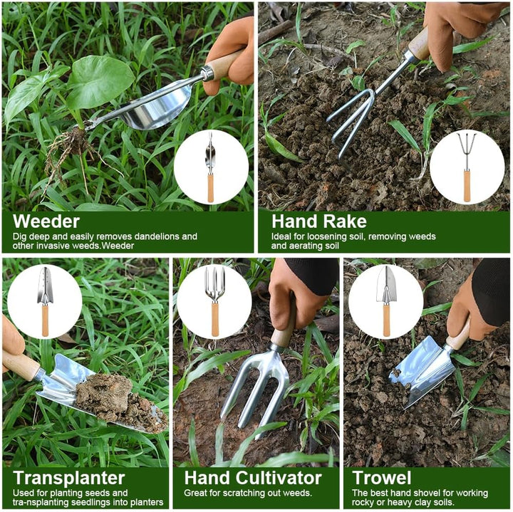 Gartenwerkzeug Set, 9 Stück Garten Hand Werkzeuge mit Aufbewahrungstasche, Stabil Rost-Sicht Garteng