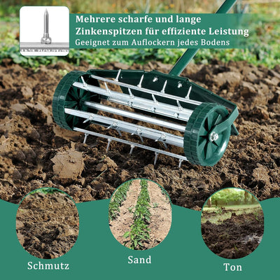 COSTWAY Rasenlüfter Walze, Rasenrolle mit Stiel & 3cm Nägeln & Spritzschutz, Handvertikutierer rolle