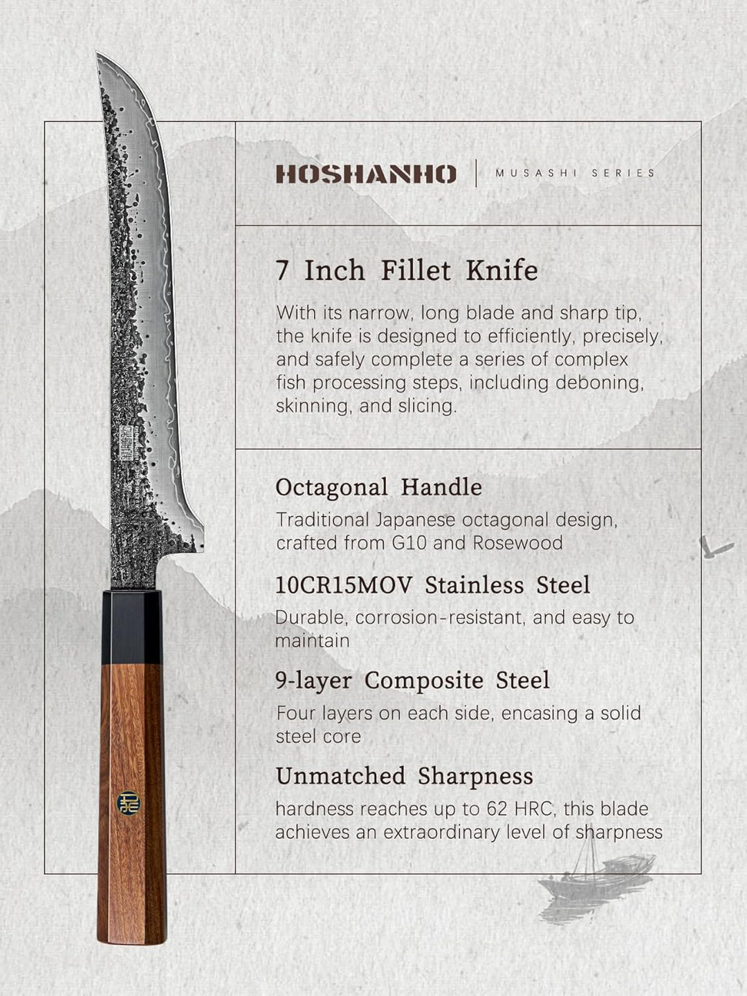 HOSHANHO Filetiermesser 18cm, Superscharfes Japanisches Ausbeinmesser aus Kohlenstoffstahl, Professi