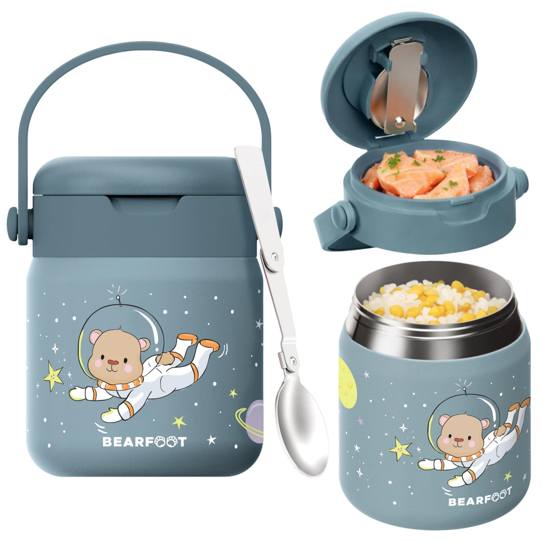BEARFOOT Kinder Thermobehälter Edelstahl 500ml, BPA-frei (Astro Bär - Blau) | Auslaufsicher, mit fal