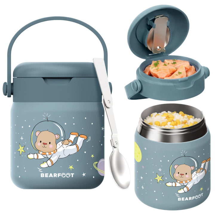 BEARFOOT Kinder Thermobehälter Edelstahl 500ml, BPA-frei (Astro Bär - Blau) | Auslaufsicher, mit fal