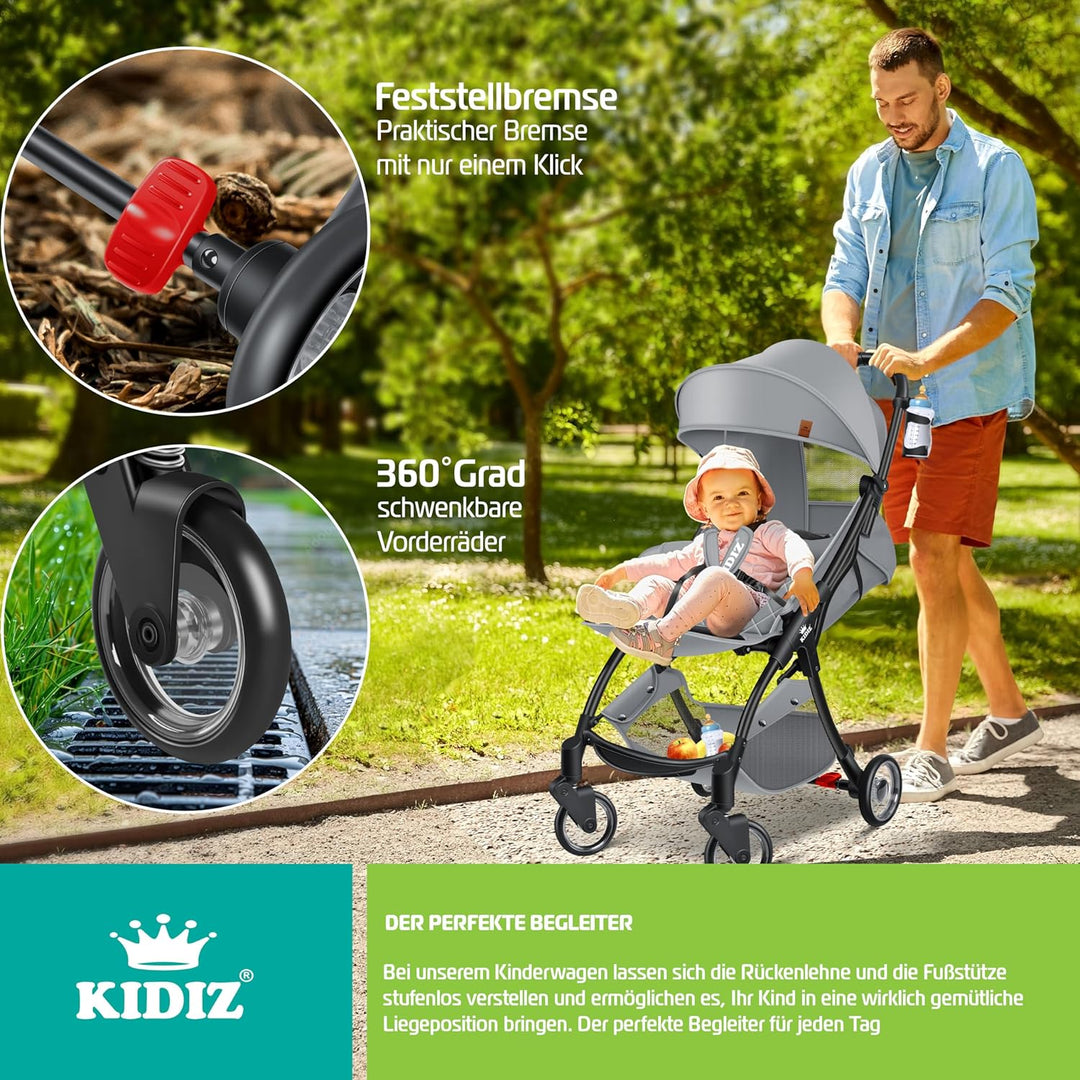 KIDIZ® Kinderwagen Premium Kinderbuggy klappbar Liegebuggy Sportwagen Faltbar 360°Räder 5-Punkt Gurt