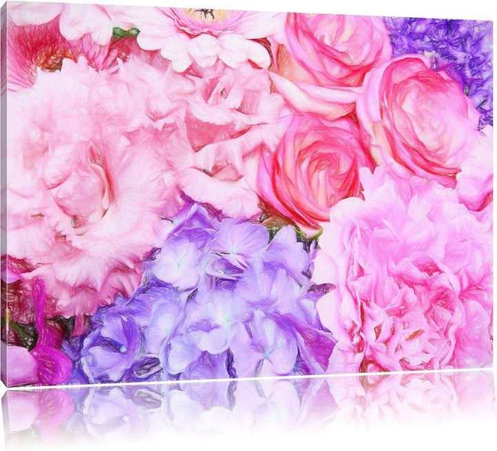 Pixxprint prachtvoller Blumenstrauss Kunst Buntstift Effekt, Format: 100x70 auf Leinwand, 100x70