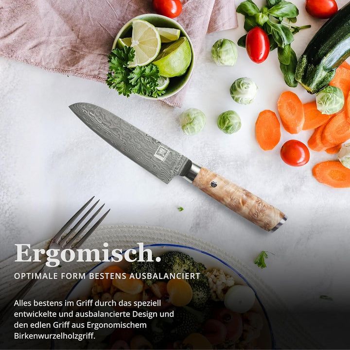 zayiko Kinone Premium Kleines Santokumesser - 12 cm Klinge, 67 Lagen Damaststahl, ergonomischer Birk