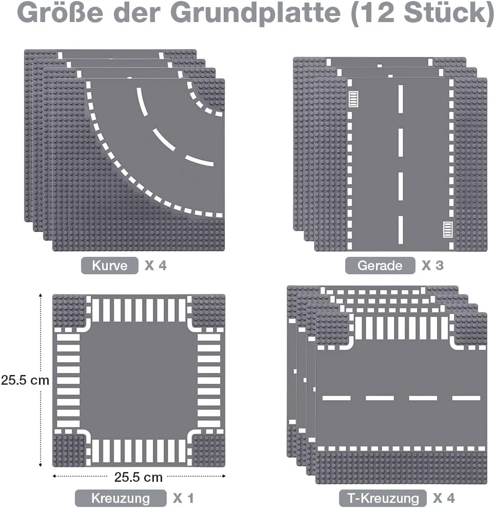 Lekebaby 12 Platten-Set Stadt Strassen Grundplatte, 25.5 * 25.5cm Strassenplatten 100% Kompatibel mi