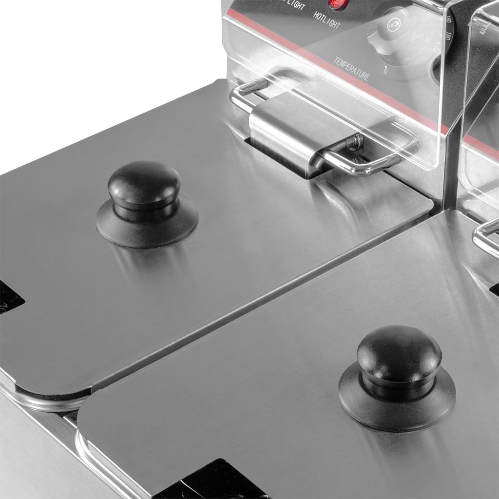 Mega-M Gastro-Fritteuse Elektro Zweikammer 2x4l 2x2kW, einstellbar mit Deckel, 45x40x30cm, Edelstahl