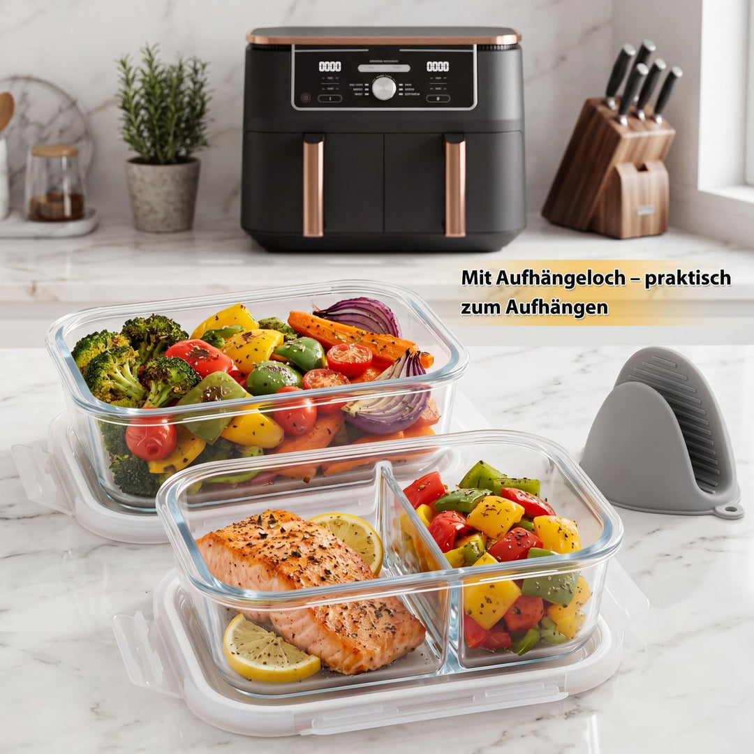 BYKITCHEN 2 Stück Glas Auflaufform für Airfryer mit Deckel & Silikon Ofenhandschuhe, Airfryer Zubehö