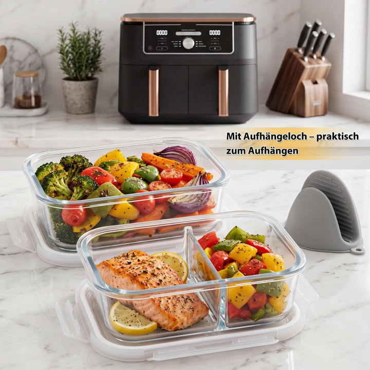 BYKITCHEN 2 Stück Glas Auflaufform für Airfryer mit Deckel & Silikon Ofenhandschuhe, Airfryer Zubehö