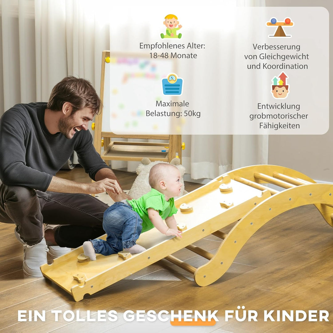 AIYAPLAY 4-in-1 Montessori Klettergerüst Indoor Holz Kletterdreieck mit Kletterbogen, Rutsche & Matt