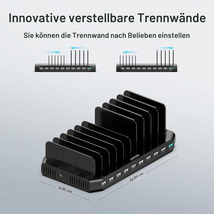 Unitek 60W USB Ladestation 10 Ports, Tablet Multi Ladestation mit QC3.0 und Einstellbaren Teiler für