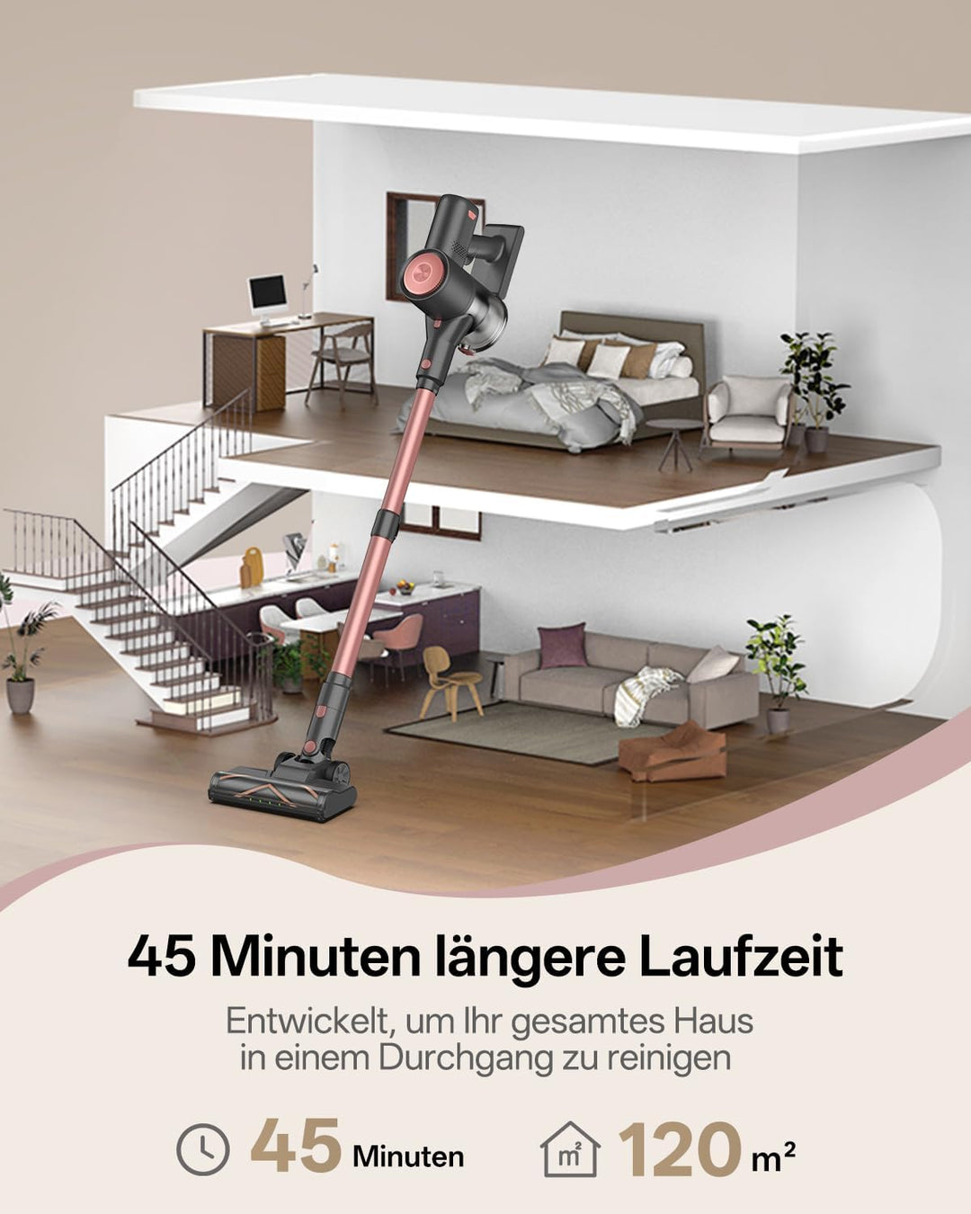 Vexilar Akku Staubsauger Kabellos 45Mins/45KPA/450W, Akkustaubsauger mit Geen LED, 6-in-1 Ultraleich