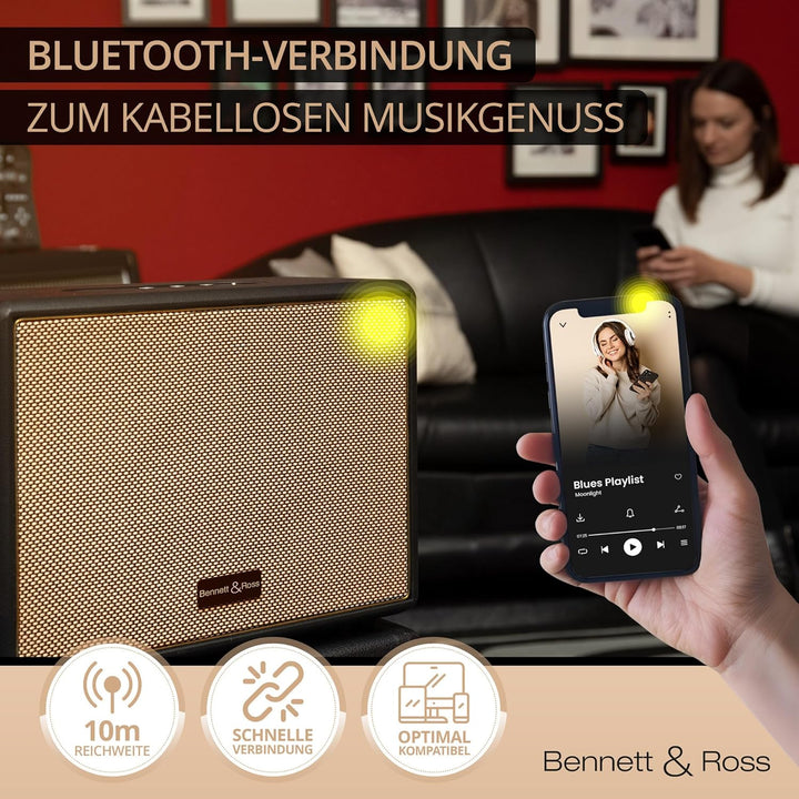 Bennett & Ross BB-880BK Blackmore Giant - Retro Bluetooth Lautsprecher in Lederoptik - TWS-Funktion