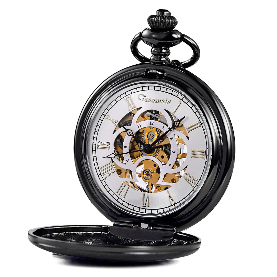 TREEWETO Unisex Taschenuhr mit Kette Analog Handaufzug Antik Graviert Römische Silber/Gold/Schwarz,
