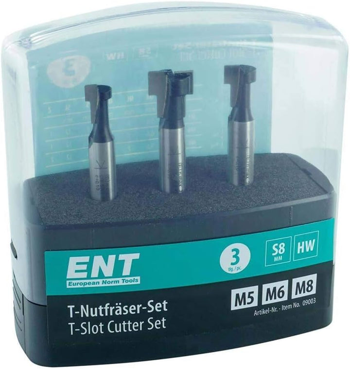 ENT 09003 3-tlg. HW T-Nutfräser-Set optimiert für M5 M6 und M8 Schrauben, HW, Schaft (S) 8 mm - Nute