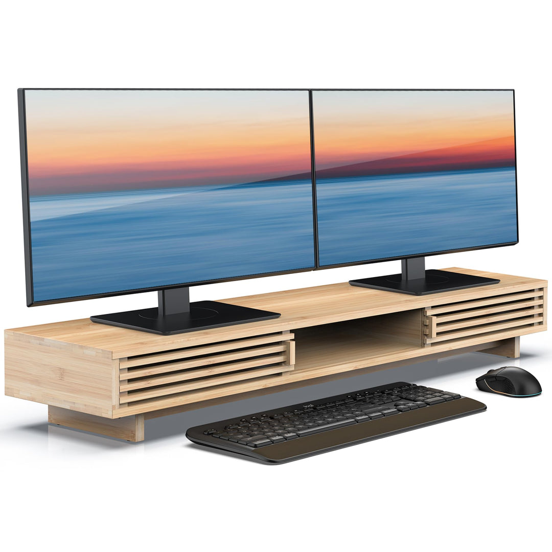 Dual-Monitorständer mit Schiebetür, doppelter Computer-Laptop-Ständer, Schreibtischregal-Organizer m