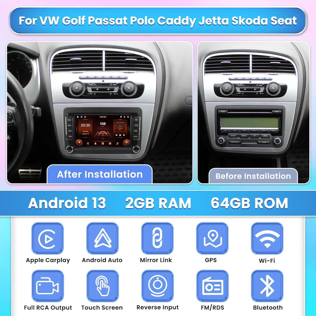 [2G+64G] Hikity Autoradio Navi Für VW Golf 5 Golf 6 T5 Touran EOS Polo Passat Sharan Android Wireles