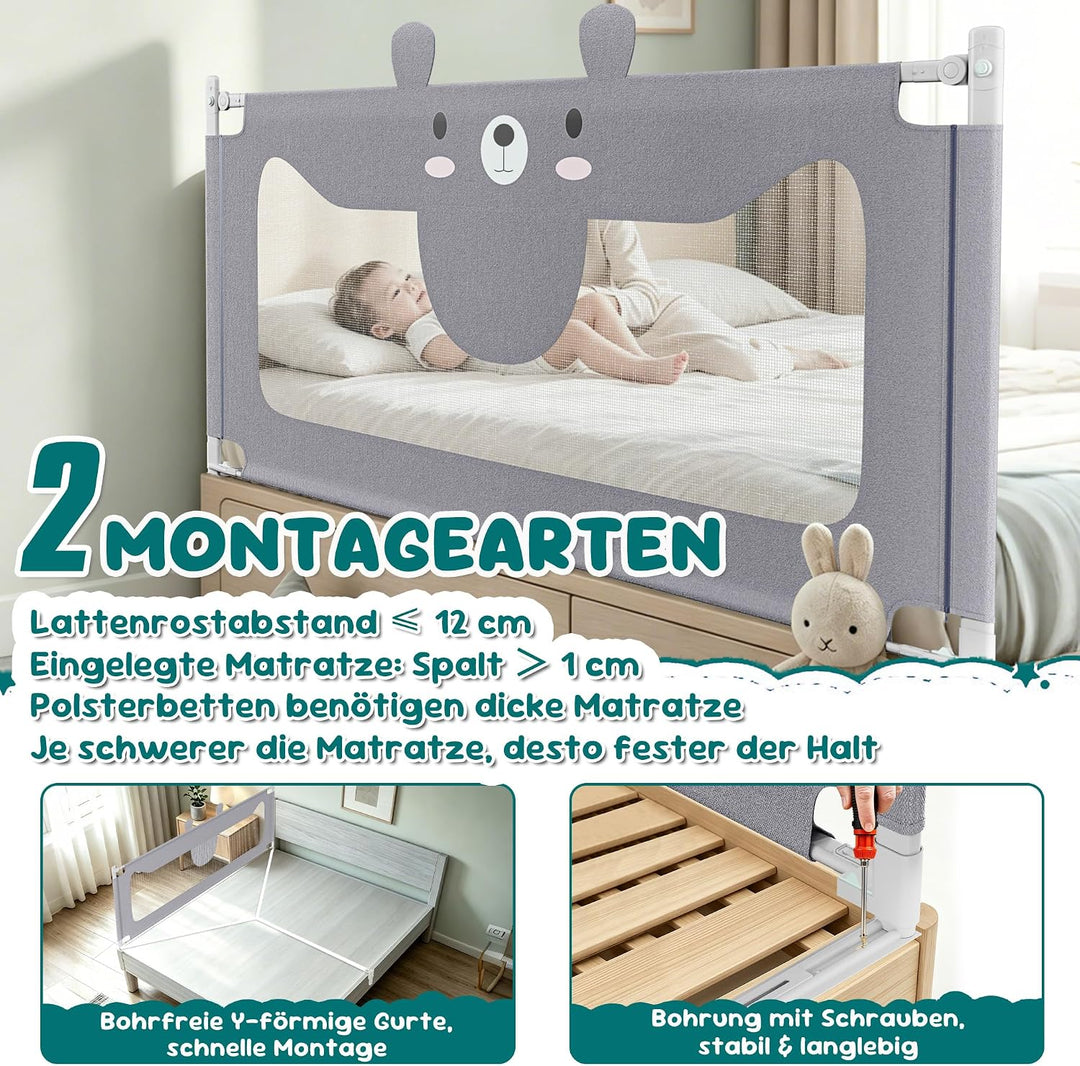 NAIZY Rausfallschutz Bett 180cm Bettgitter Baby Bettschutzgitter mit Höhenverstellbar Kinderbettgitt